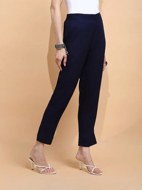 Navy Blue Rayon Regular Fit Pants For Women