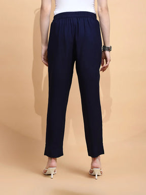 Navy Blue Rayon Regular Fit Pants For Women