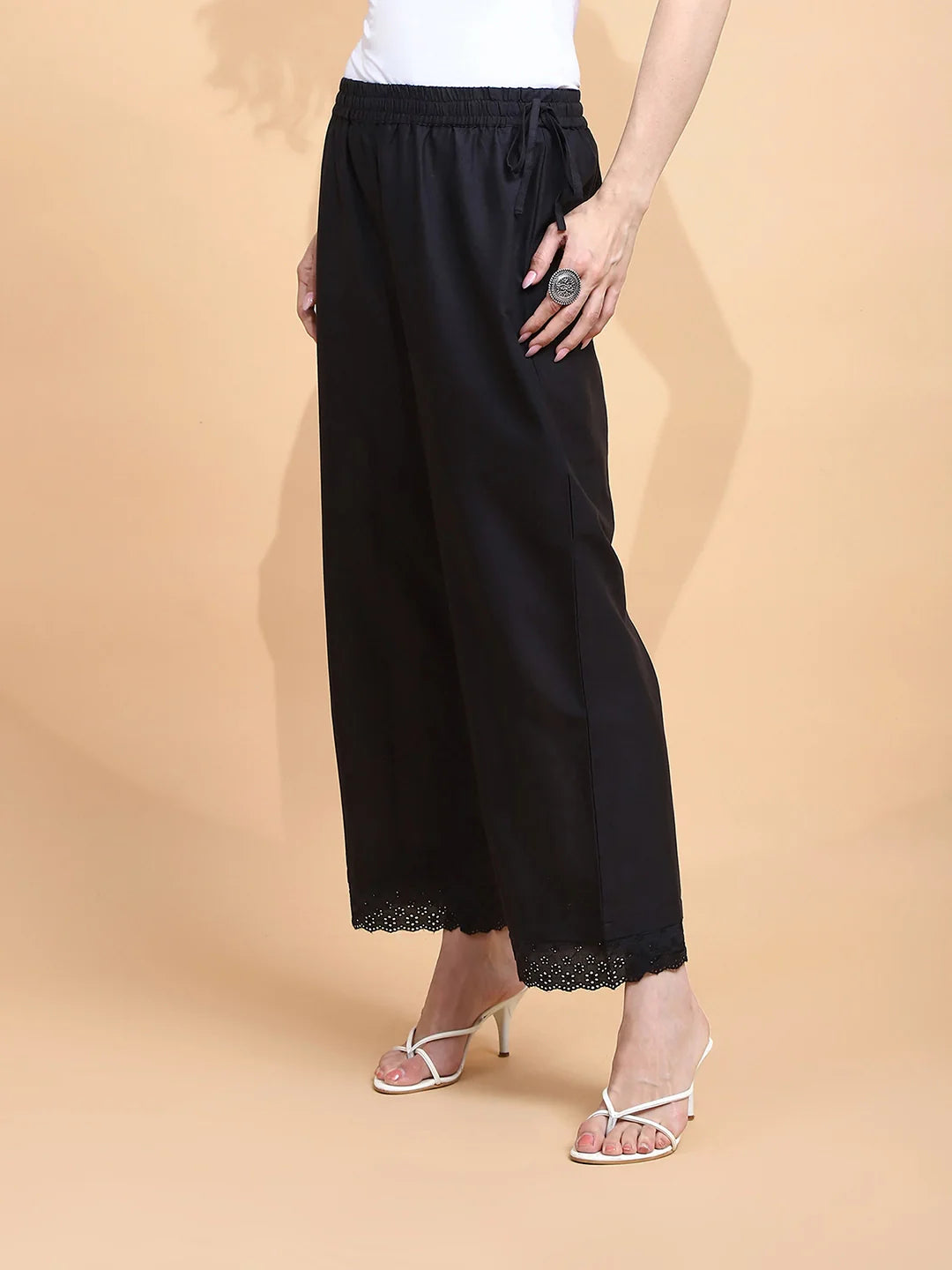 Black Cotton Loose Fit Palazzo For Women