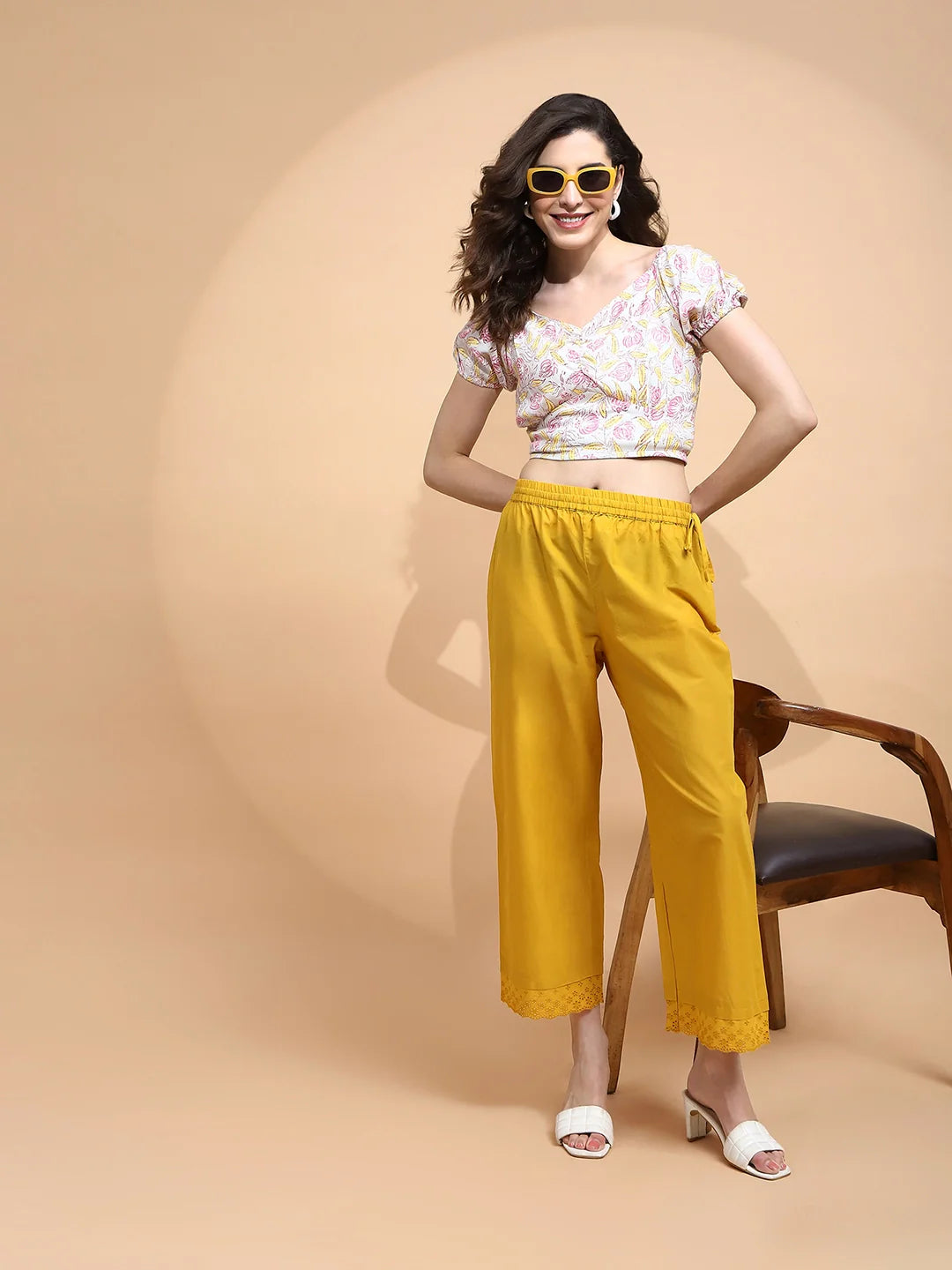 Mustard Cotton Loose Fit Palazzo For Women