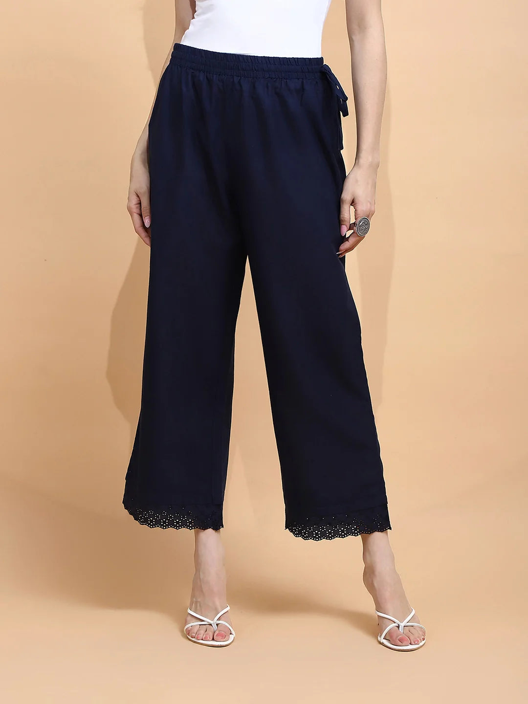 Navy Blue Cotton Loose Fit Palazzo For Women