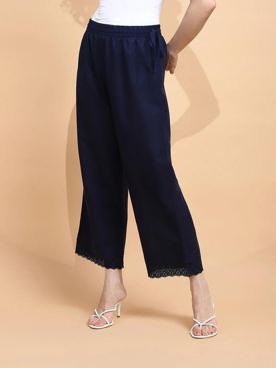Navy Blue Cotton Loose Fit Palazzo For Women