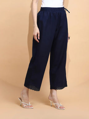 Navy Blue Cotton Loose Fit Palazzo For Women