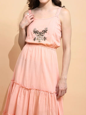 Peach Cotton Regular Fit Dress For Women