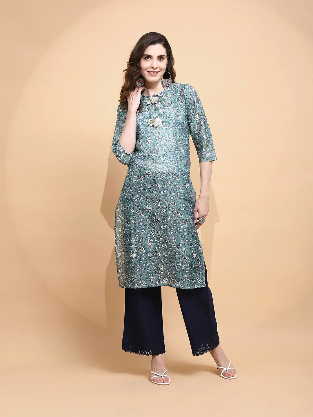 Green Cotton Regular Fit Kurta For Women