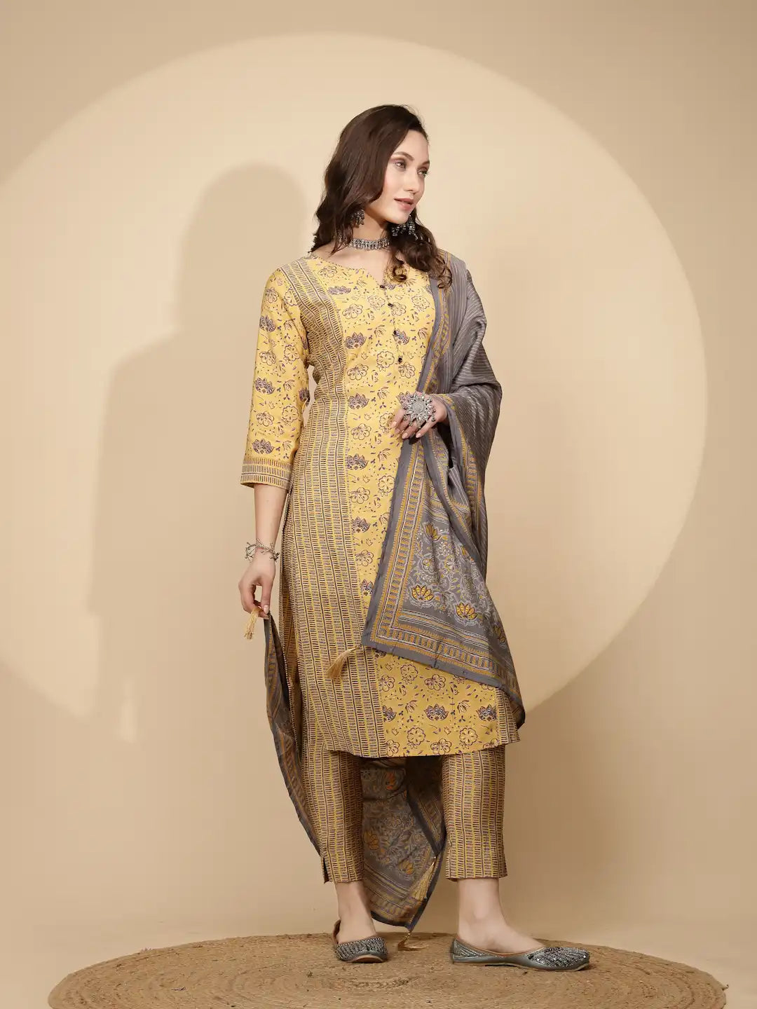 Yellow Cotton Regular Fit Suit Set For Women