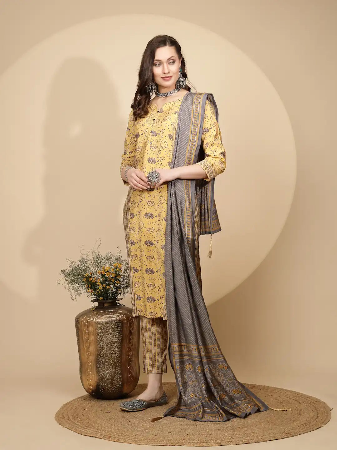 Yellow Cotton Regular Fit Suit Set For Women