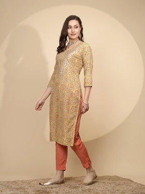 Yellow Cotton Blend Regular Fit Kurta Set For Women