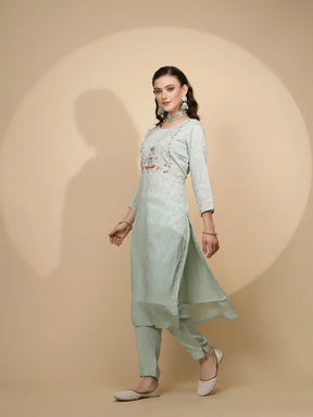 Sage Green Poly Silk Regular Fit Kurta Set For Women