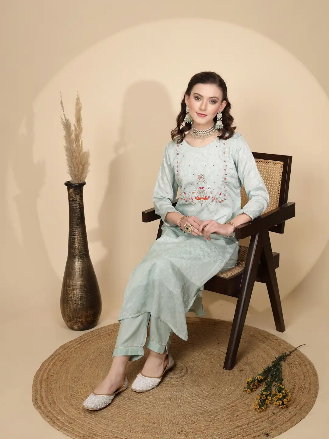 Sage Green Poly Silk Regular Fit Kurta Set For Women