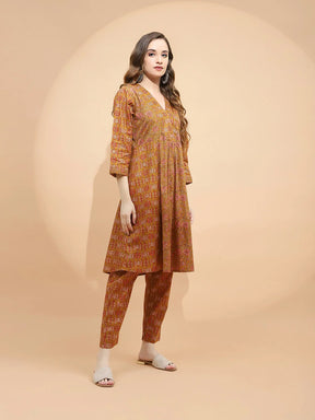 Light Brown Cotton Regular Fit Tunic Set For Women