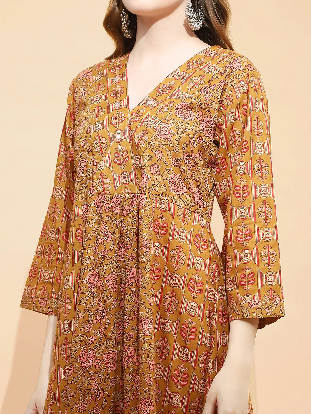 Light Brown Cotton Regular Fit Tunic Set For Women