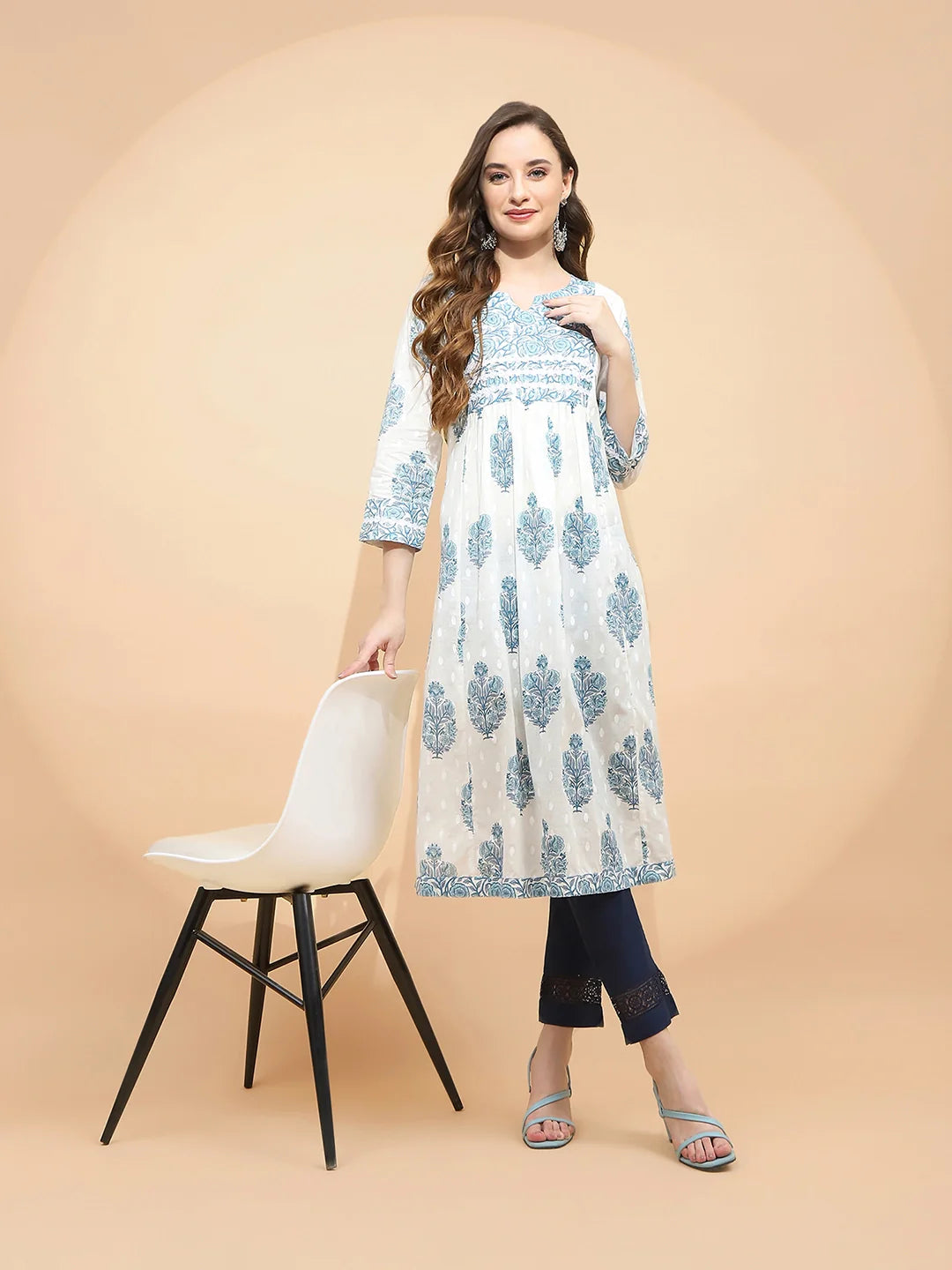 White Cotton Blend Loose Fit Kurta For Women