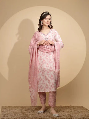 Pink Cotton Regular Fit Suit Set For Women