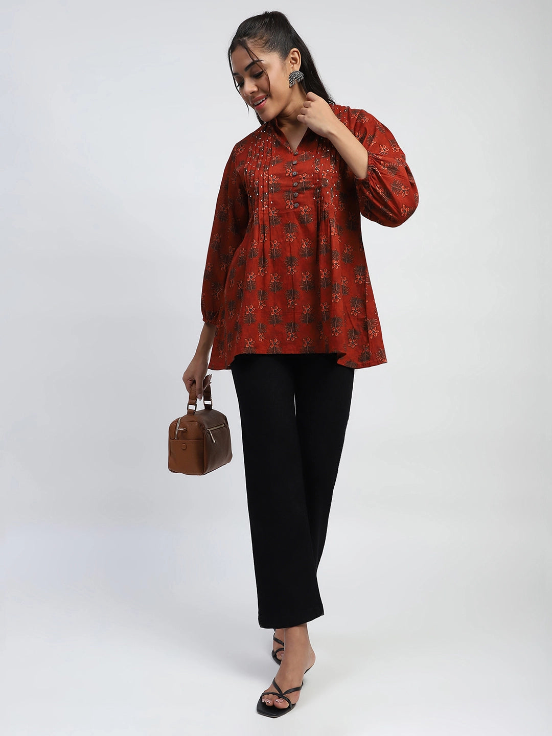 Rust  Floral Print Cotton Regular Fit Tunic