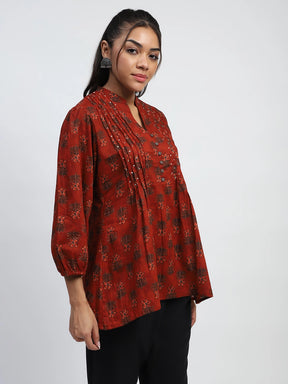 Rust  Floral Print Cotton Regular Fit Tunic