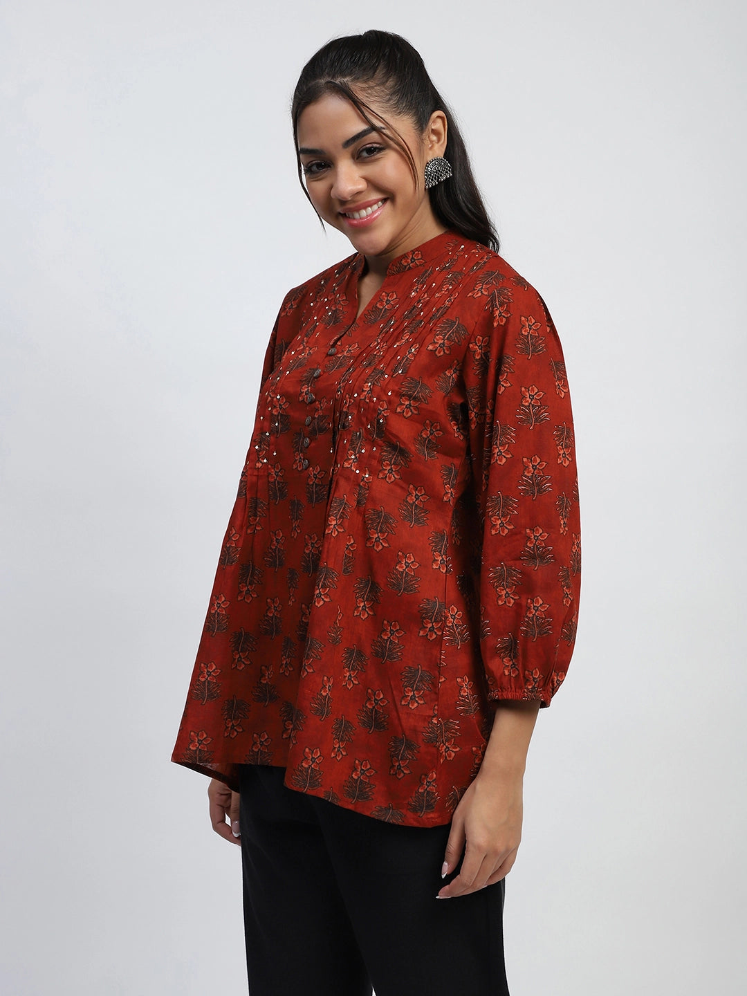 Rust  Floral Print Cotton Regular Fit Tunic