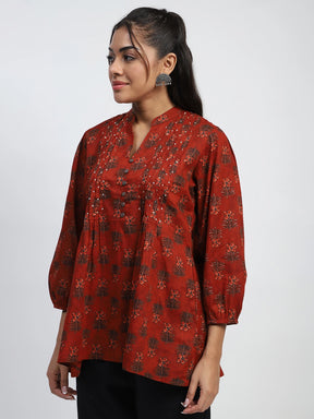 Rust  Floral Print Cotton Regular Fit Tunic