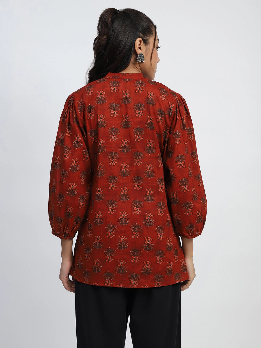 Rust  Floral Print Cotton Regular Fit Tunic