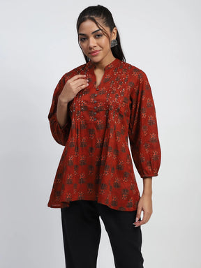 Rust  Floral Print Cotton Regular Fit Tunic