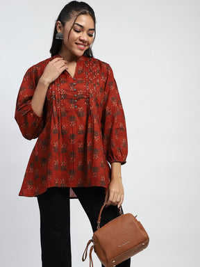 Rust  Floral Print Cotton Regular Fit Tunic