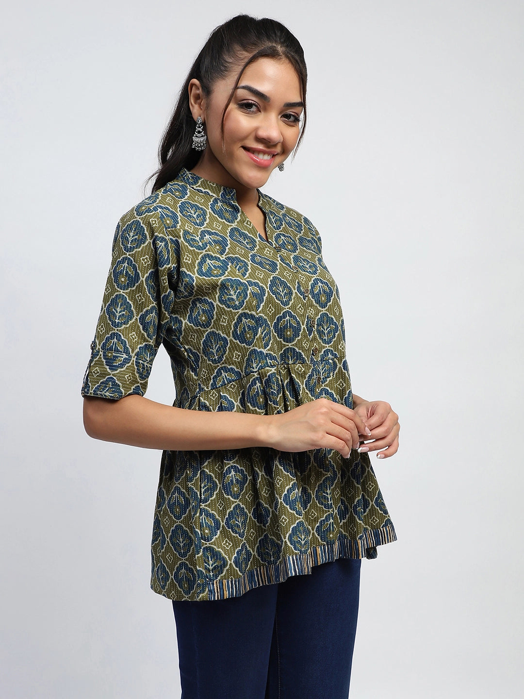 Green Ajrakh Print Cotton Regular Fit Tunic