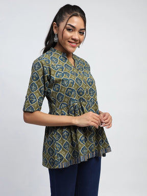 Green Ajrakh Print Cotton Regular Fit Tunic