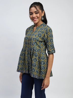 Green Ajrakh Print Cotton Regular Fit Tunic