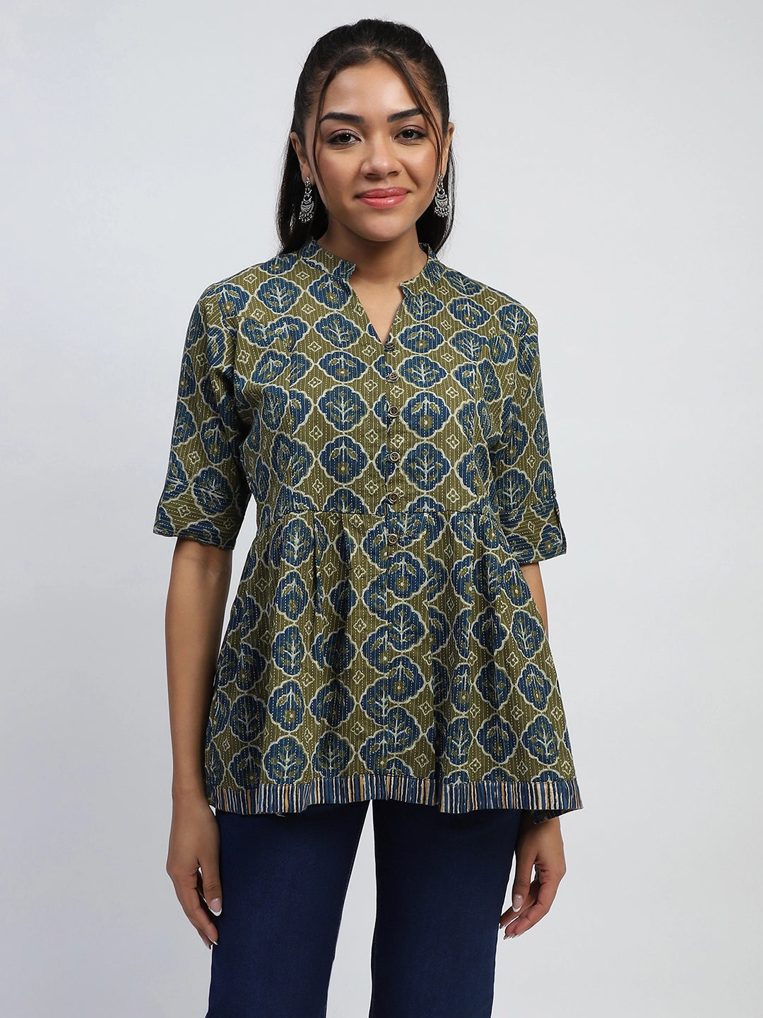 Green Ajrakh Print Cotton Regular Fit Tunic