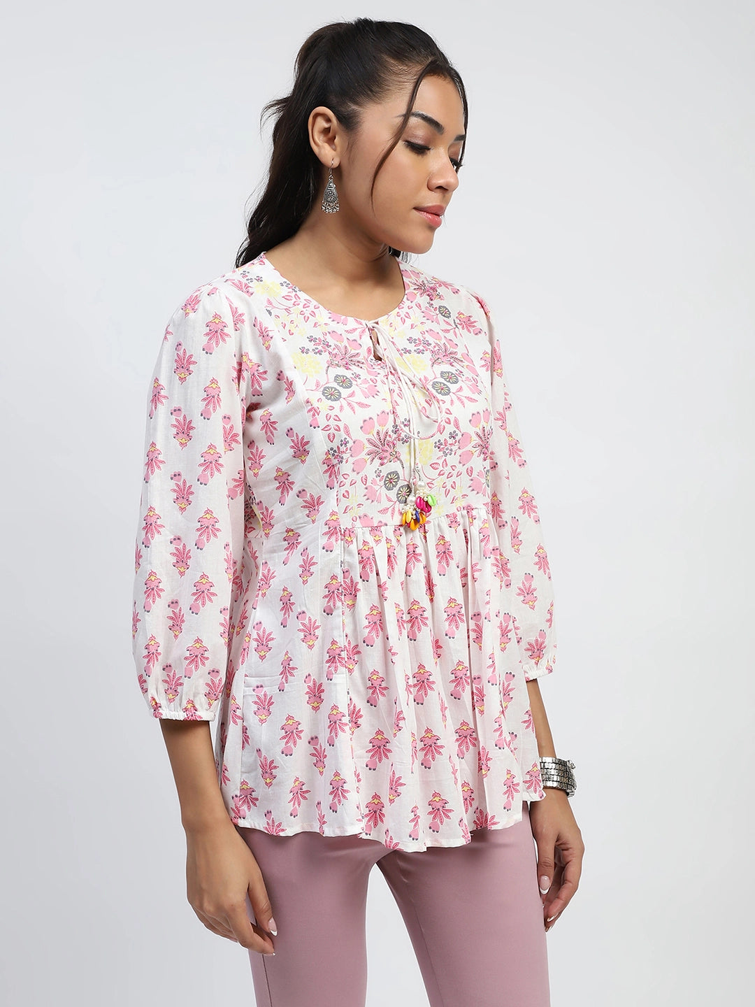 White And Pink  Floral Print Beads Embroidery Cotton Tunic