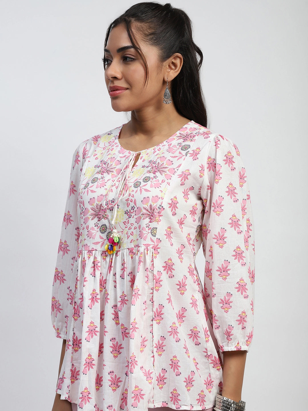 White And Pink  Floral Print Beads Embroidery Cotton Tunic