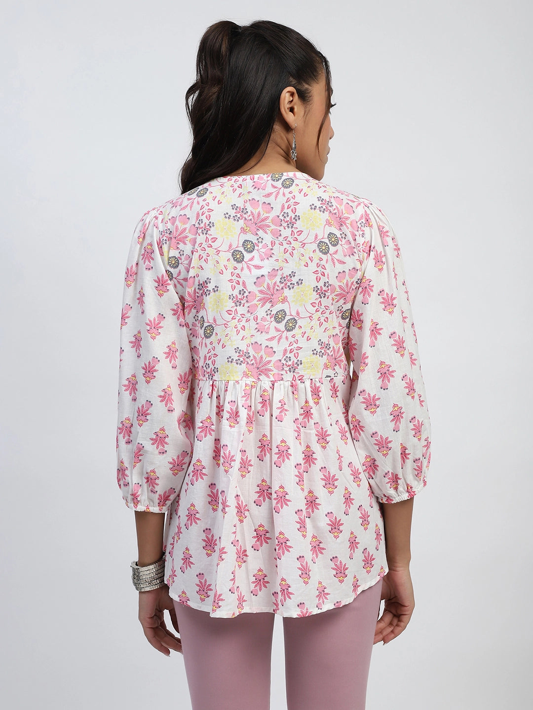 White And Pink  Floral Print Beads Embroidery Cotton Tunic