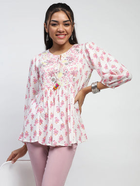 White And Pink  Floral Print Beads Embroidery Cotton Tunic