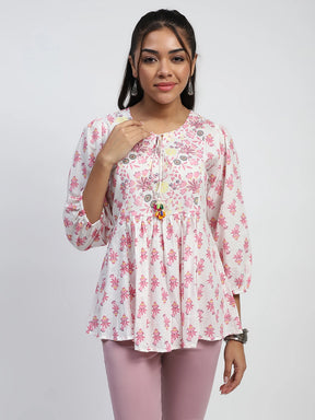 White And Pink  Floral Print Beads Embroidery Cotton Tunic