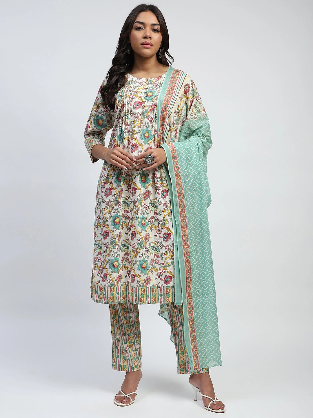 Light Green Floral Print And Beads Embroidery Cotton Suit Set