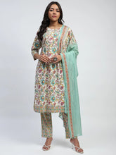 Light Green Floral Print And Beads Embroidery Cotton Suit Set