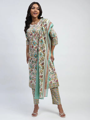 Light Green Floral Print And Beads Embroidery Cotton Suit Set