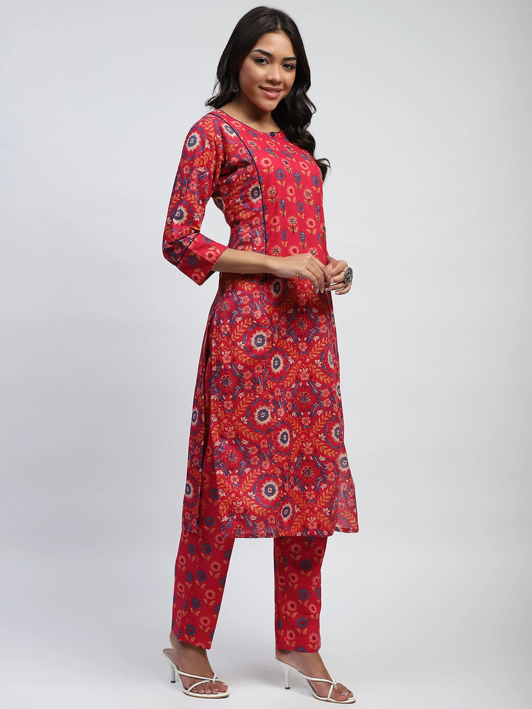 Magenta Floral Print And Beads Embroidery Cotton Suit Set