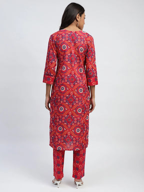 Magenta Floral Print And Beads Embroidery Cotton Suit Set