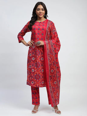 Magenta Floral Print And Beads Embroidery Cotton Suit Set