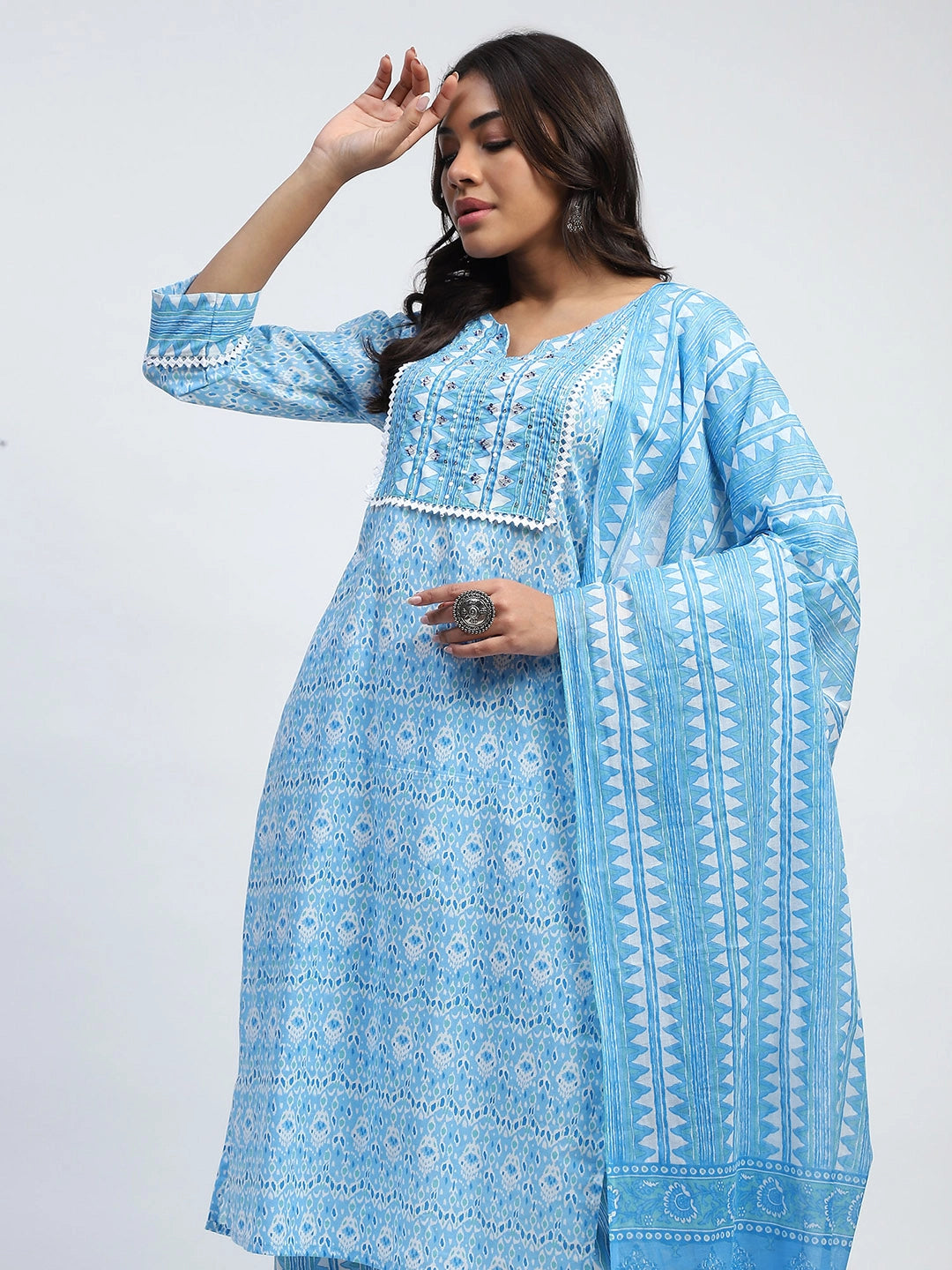 Blue Printed Cotton Suit Set