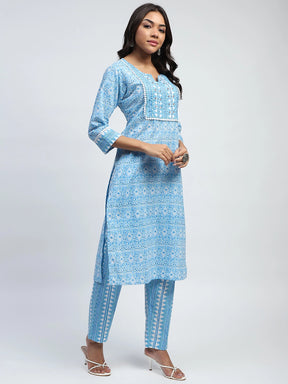 Blue Printed Cotton Suit Set