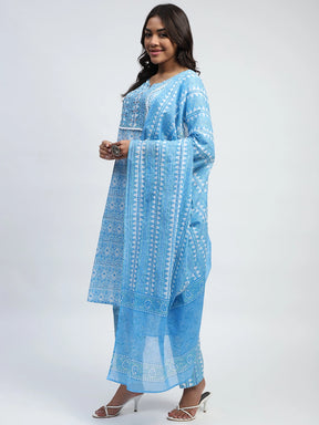 Blue Printed Cotton Suit Set