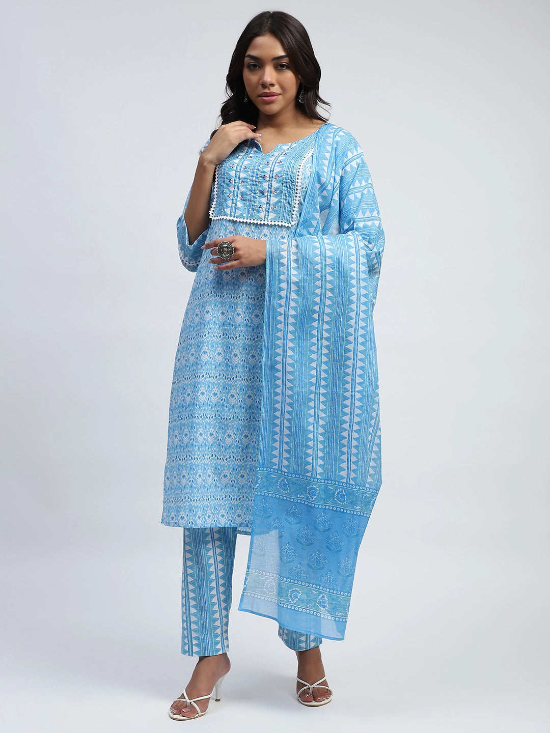 Blue Printed Cotton Suit Set