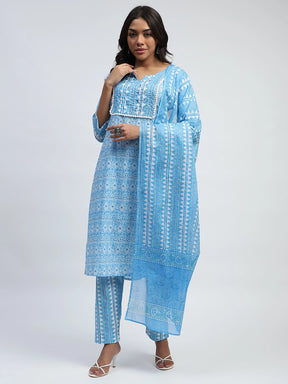 Blue Printed Cotton Suit Set