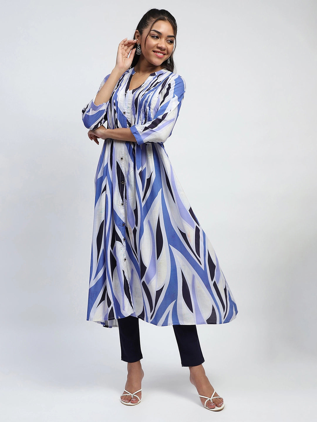 Blue Abstract Print Cotton Relaxed Fit Long Kurta