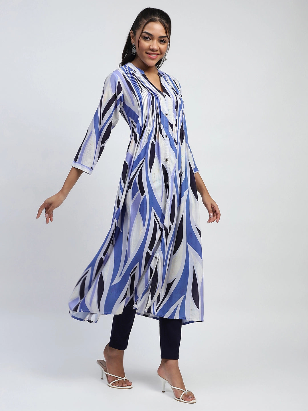 Blue Abstract Print Cotton Relaxed Fit Long Kurta