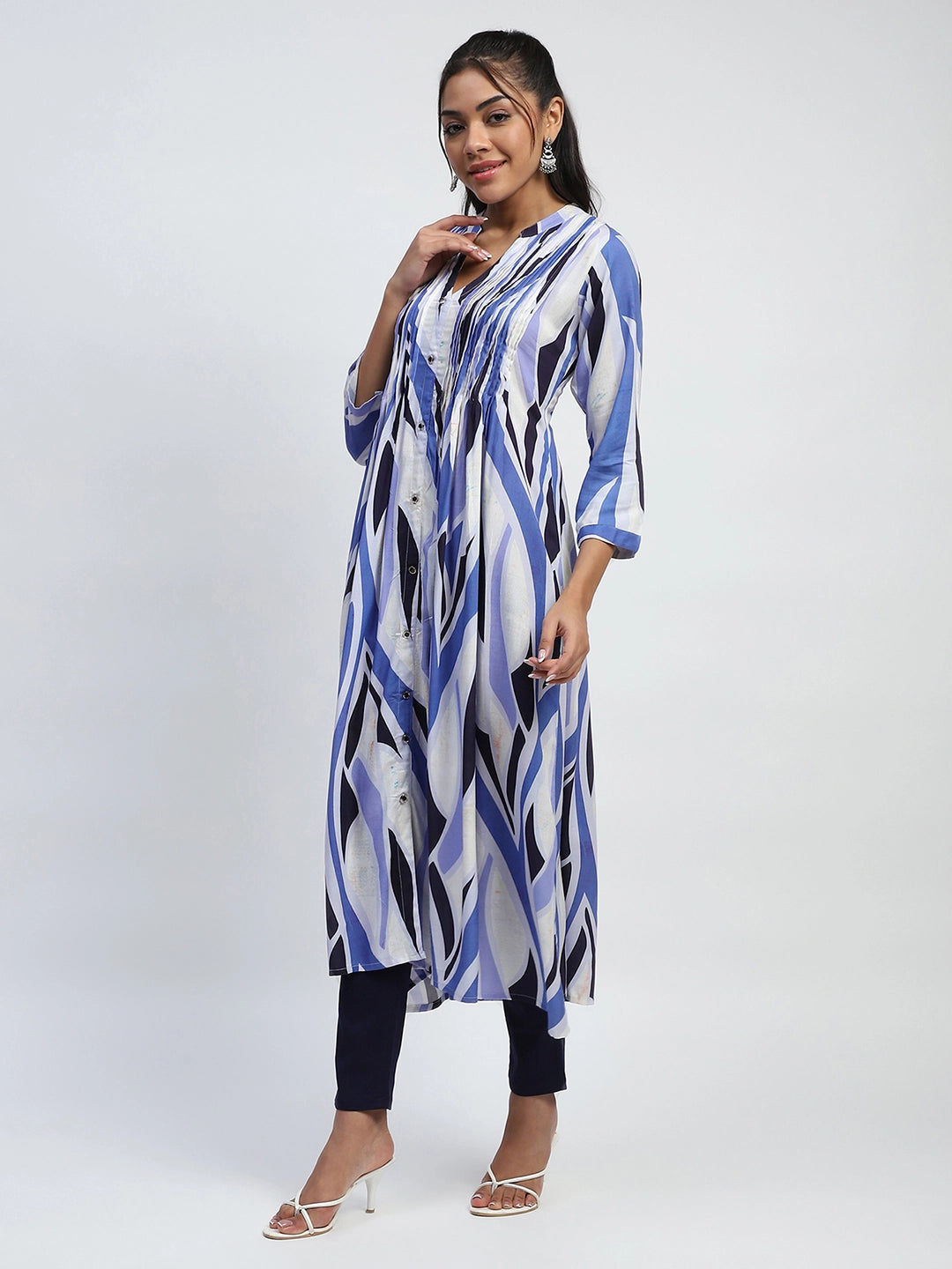 Blue Abstract Print Cotton Relaxed Fit Long Kurta