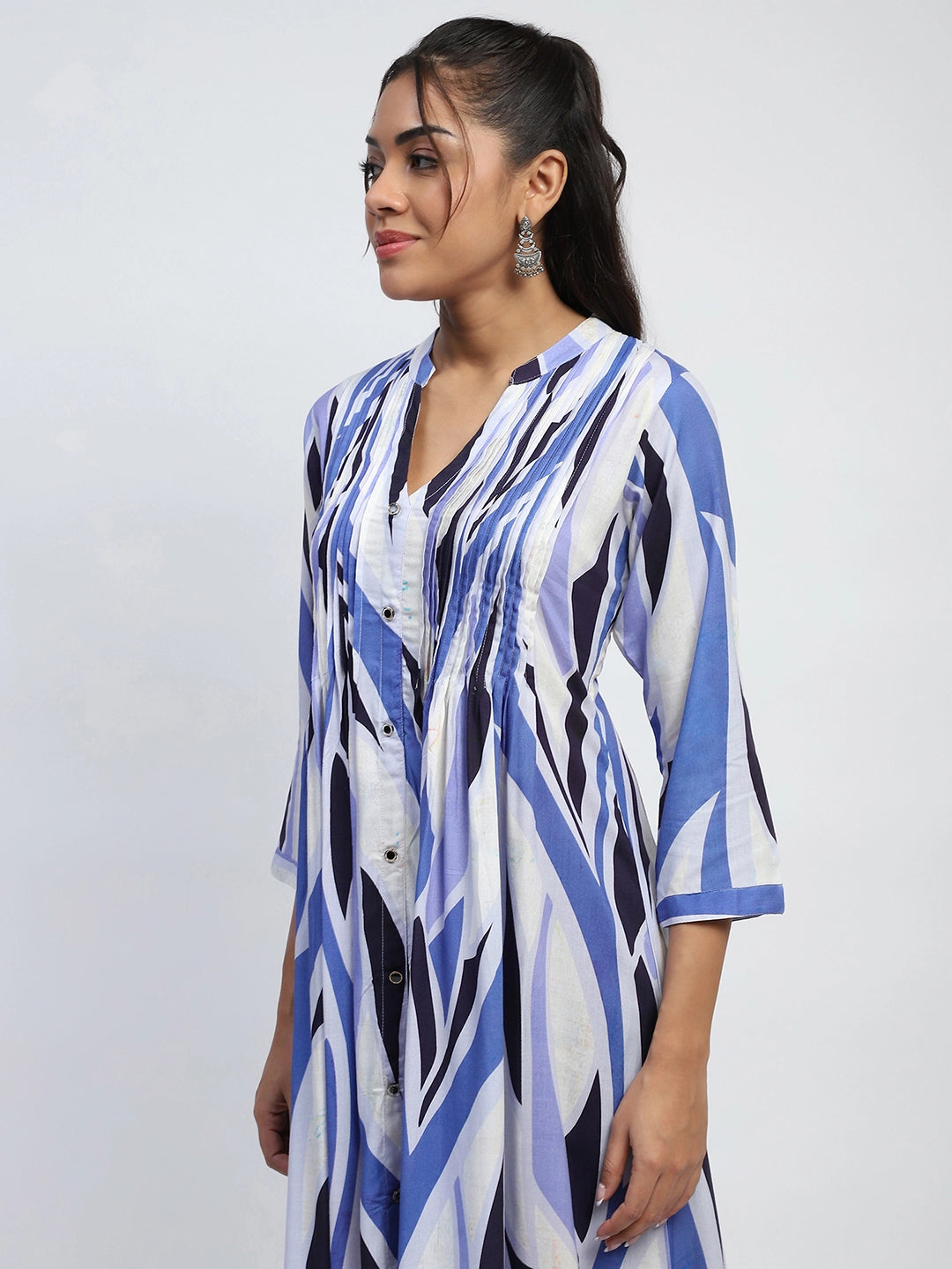 Blue Abstract Print Cotton Relaxed Fit Long Kurta