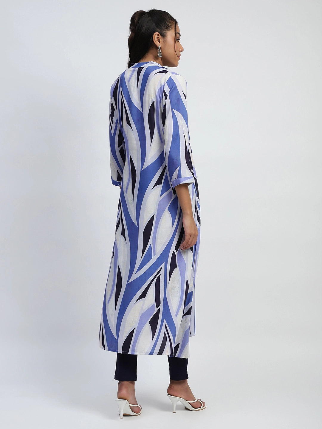 Blue Abstract Print Cotton Relaxed Fit Long Kurta